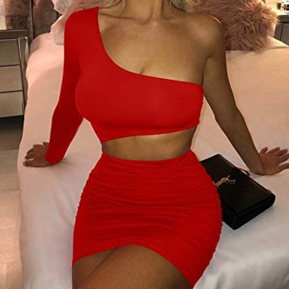 Women's Sexy Off The Shoulder One Sleeve Cut Out Ruched Mini Party Club Dress